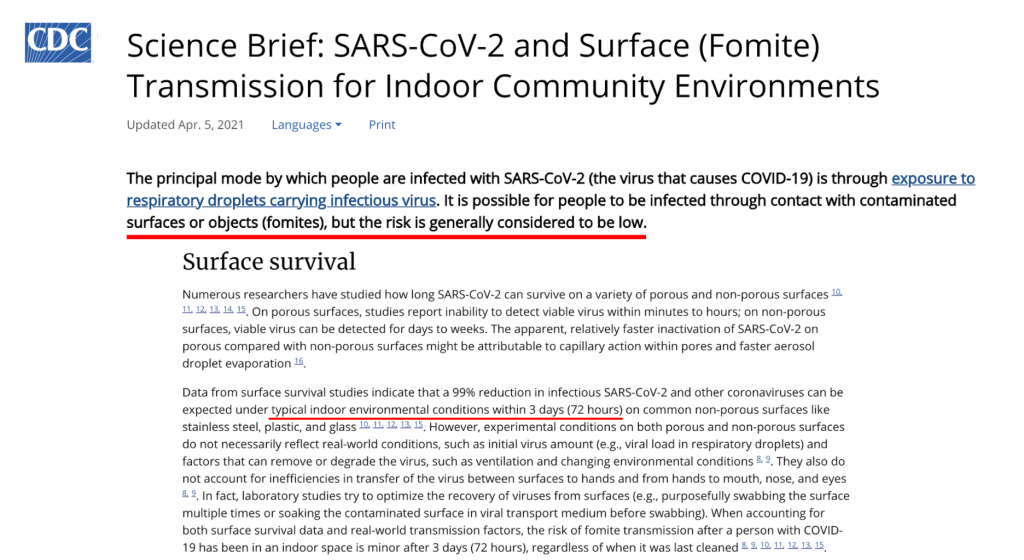 งานวิจัยสนับสนุนว่า การสัมผัสไม่ใช่ช่องทางการแพร่เชื้อโรคหลัก